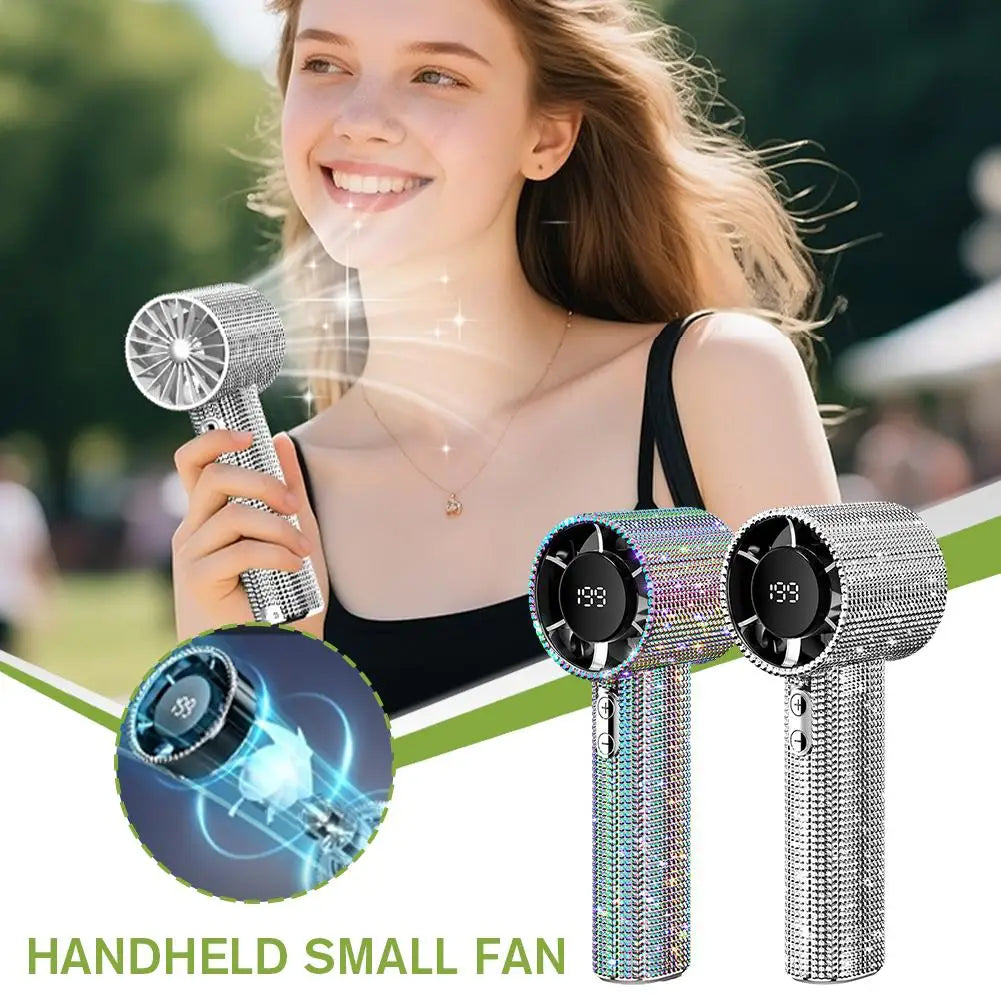 199-Speed Diamond-Covered Portable Handheld Fan - Rechargeable Ice Cooling for Outdoor Adventures