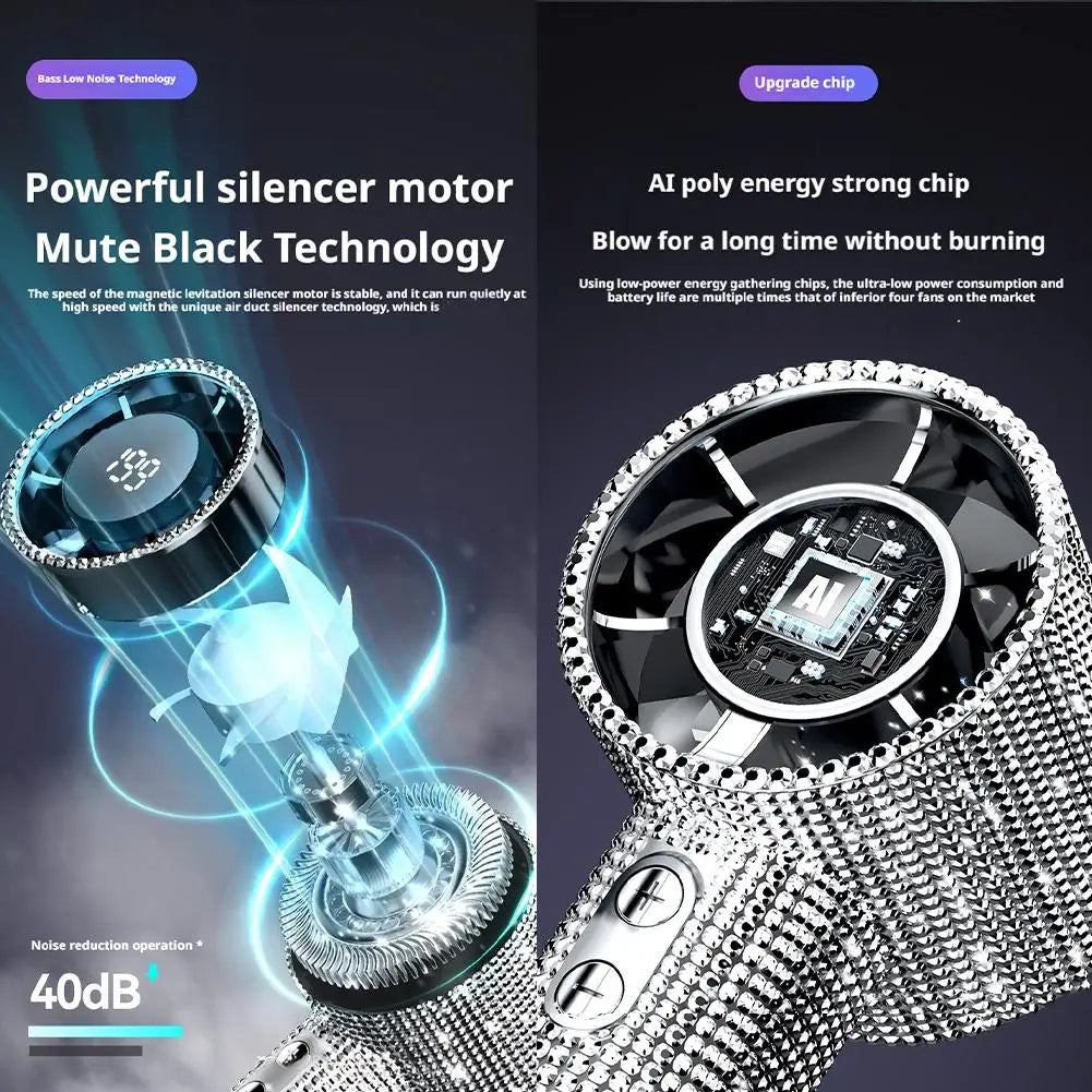 199-Speed Diamond-Covered Portable Handheld Fan - Rechargeable Ice Cooling for Outdoor Adventures